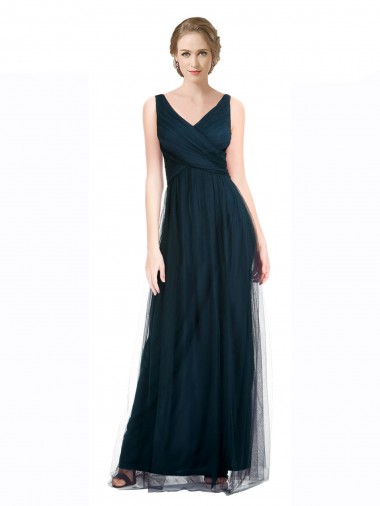 Azul 7 línea A Cuello en V Tul Largo Vestidos de dama de honor Fábrica