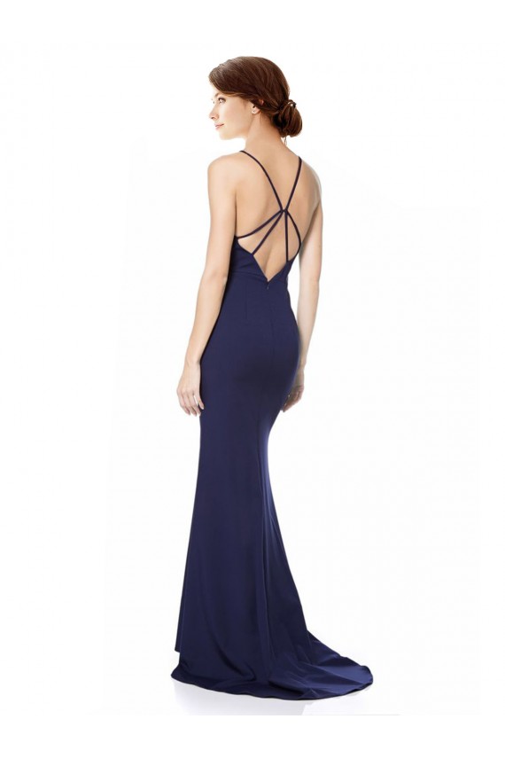 Azul Marino Sirena Halter Cuello Alto Crepé Elástico Largo Formales Vestidos de dama de honor / Vestidos de fiesta Fábrica