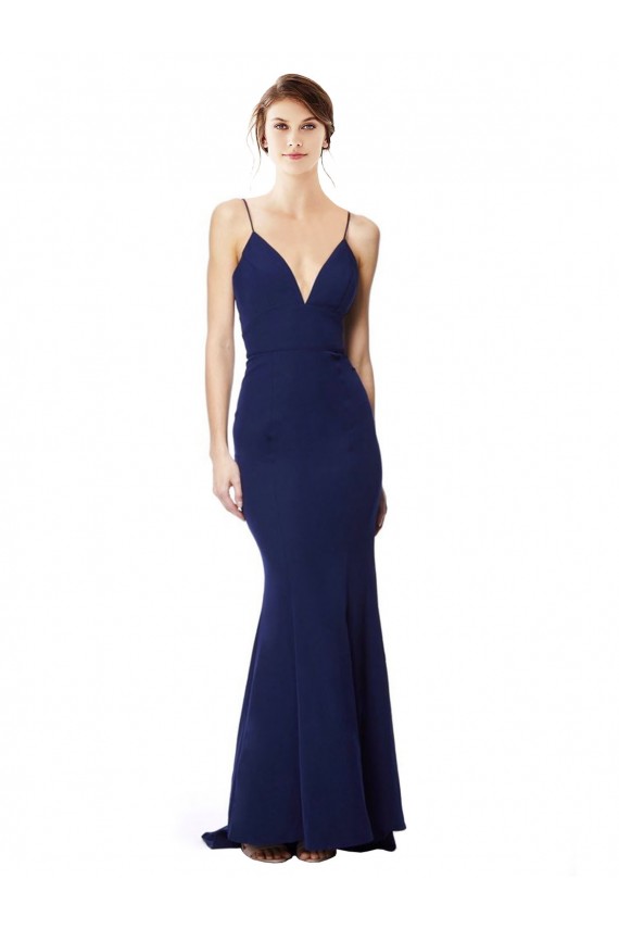 Azul Marino Sirena Tirantes espagueti Cuello en V Cuello Alto Crepé Elástico Largo Formales Vestidos de dama de honor / Vestidos de fiesta Fábrica