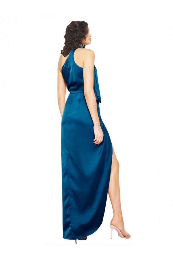 Azul Verde pavo real Cubierta Halter Cuello Alto Satén sedoso Largo Formales Vestidos de dama de honor / Vestidos de fiesta Fábrica