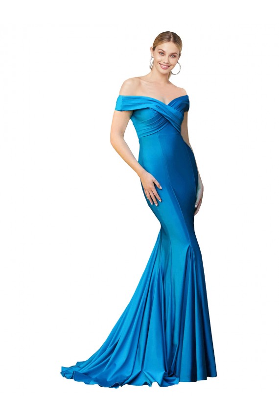 Azul Verde pavo real Sirena Hombros Descubiertos Satén Largo Formales Vestidos de dama de honor / Vestidos de fiesta Fábrica