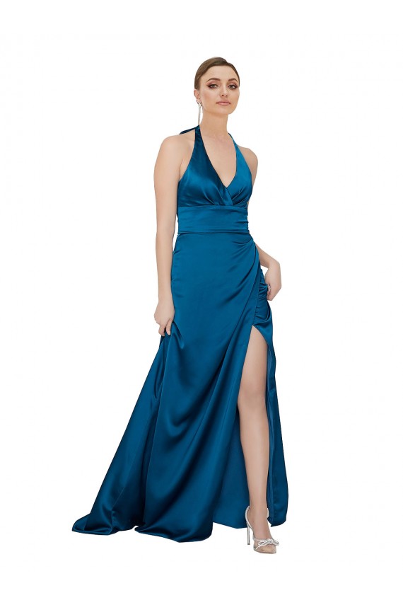 Azul Verde pavo real línea A Halter Satén sedoso Largo Formales Vestidos de dama de honor / Vestidos de fiesta Fábrica