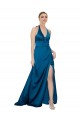 Azul Verde pavo real línea A Halter Satén sedoso Largo Formales Vestidos de dama de honor / Vestidos de fiesta Fábrica