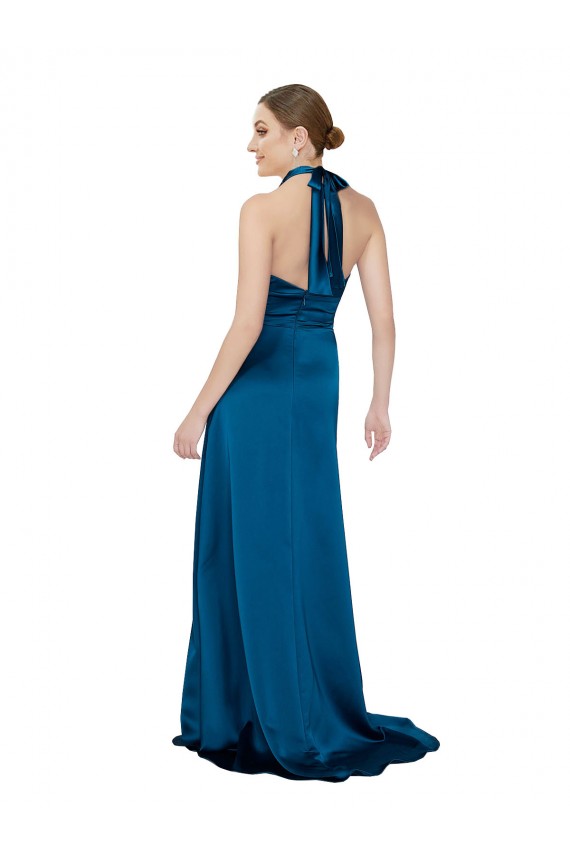 Azul Verde pavo real línea A Halter Satén sedoso Largo Formales Vestidos de dama de honor / Vestidos de fiesta Fábrica