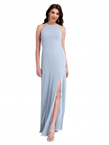 Azul cielo claro Cubierta Halter Cuello Alto Crepé Elástico Largo Formales Vestidos de dama de honor / Vestidos de fiesta Fábrica