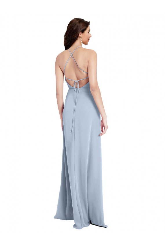 Azul cielo claro Cubierta Halter Cuello Alto Crepé Elástico Largo Formales Vestidos de dama de honor / Vestidos de fiesta Fábrica
