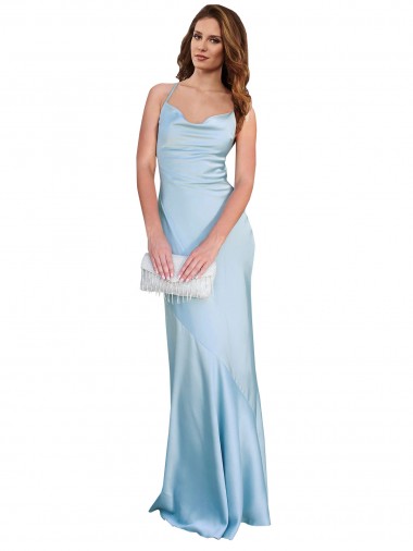 Azul cielo claro Cubierta Satén sedoso Largo Formales Vestidos de dama de honor / Vestidos de fiesta Fábrica
