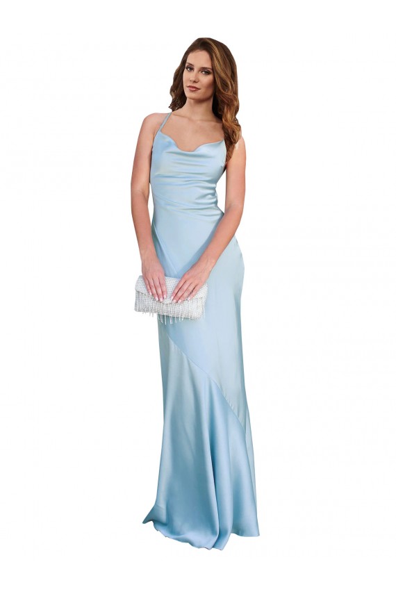 Azul cielo claro Cubierta Satén sedoso Largo Formales Vestidos de dama de honor / Vestidos de fiesta Fábrica