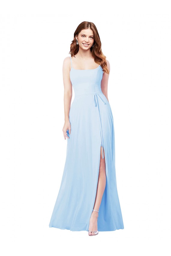 Azul cielo claro Cubierta Tirantes espagueti Cuadrado Gasa Largo Vestidos de dama de honor Fábrica
