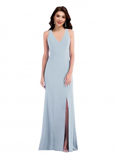 Azul cielo claro Trompeta Cuello en V Crepé Elástico Largo Vestidos de dama de honor / Vestidos de fiesta Fábrica