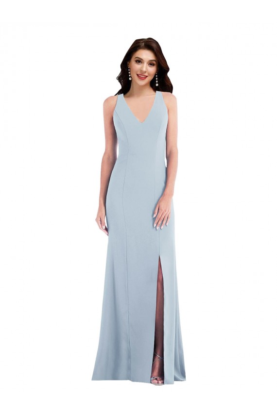 Azul cielo claro Trompeta Cuello en V Crepé Elástico Largo Vestidos de dama de honor / Vestidos de fiesta Fábrica