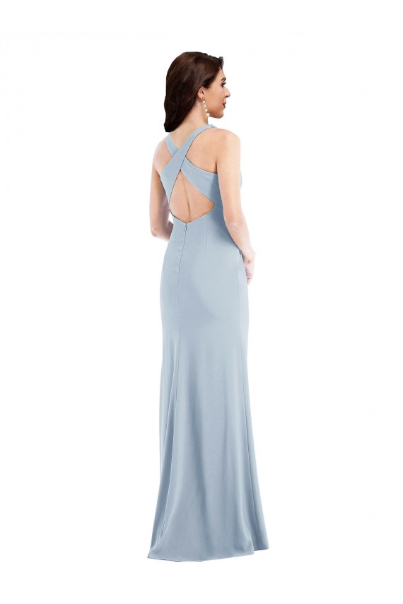 Azul cielo claro Trompeta Cuello en V Crepé Elástico Largo Vestidos de dama de honor / Vestidos de fiesta Fábrica