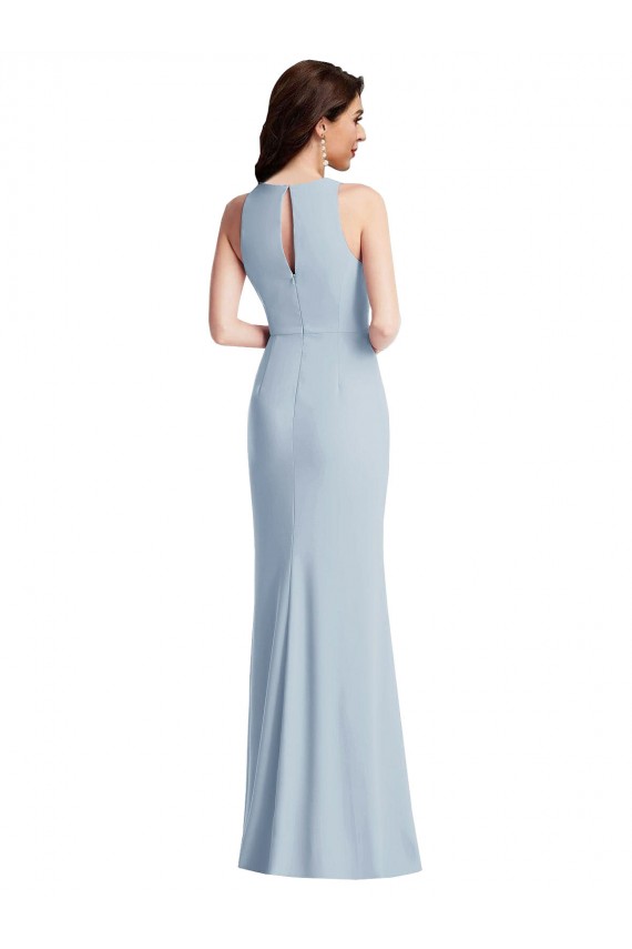 Azul cielo claro Trompeta Halter Crepé Elástico Largo Vestidos de dama de honor / Vestidos de fiesta Fábrica