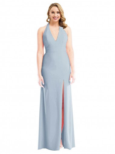 Azul cielo claro Trompeta Halter Crepé Elástico Largo Vestidos de dama de honor / Vestidos de fiesta Fábrica