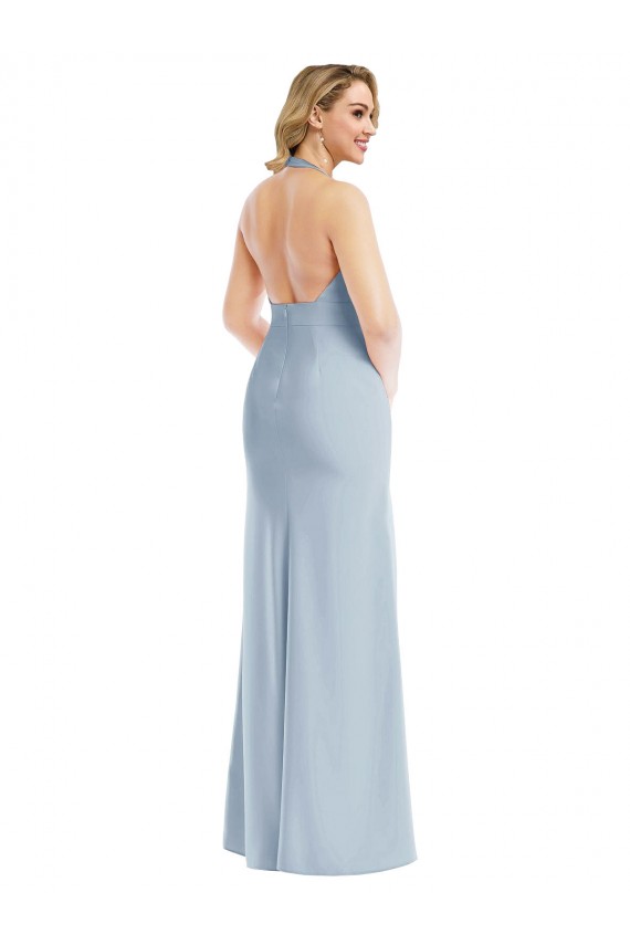 Azul cielo claro Trompeta Halter Crepé Elástico Largo Vestidos de dama de honor / Vestidos de fiesta Fábrica