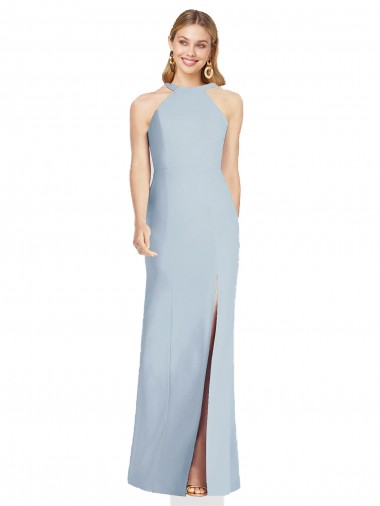 Azul cielo claro Trompeta Halter Cuello Alto Crepé Elástico Largo Formales Vestidos de dama de honor / Vestidos de noche Fábrica