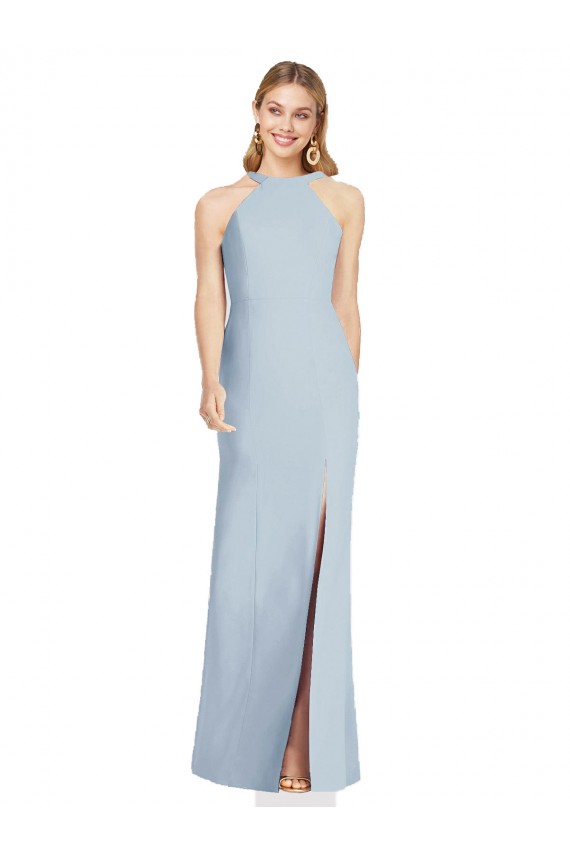 Azul cielo claro Trompeta Halter Cuello Alto Crepé Elástico Largo Formales Vestidos de dama de honor / Vestidos de noche Fábrica
