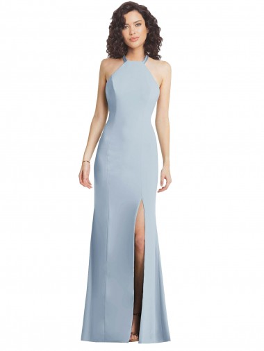 Azul cielo claro Trompeta Halter Cuello Alto Crepé Elástico Largo Formales Vestidos de dama de honor / Vestidos de fiesta Fábrica