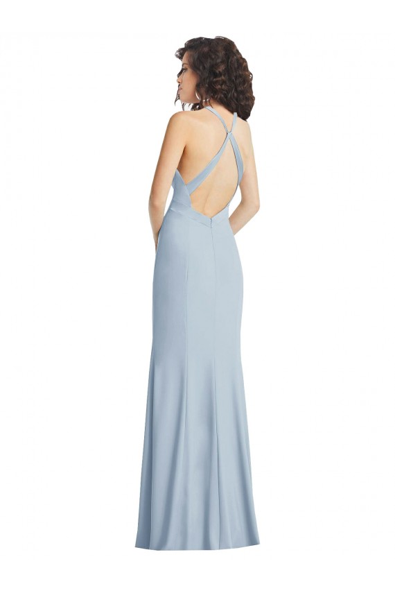 Azul cielo claro Trompeta Halter Cuello Alto Crepé Elástico Largo Formales Vestidos de dama de honor / Vestidos de fiesta Fábrica