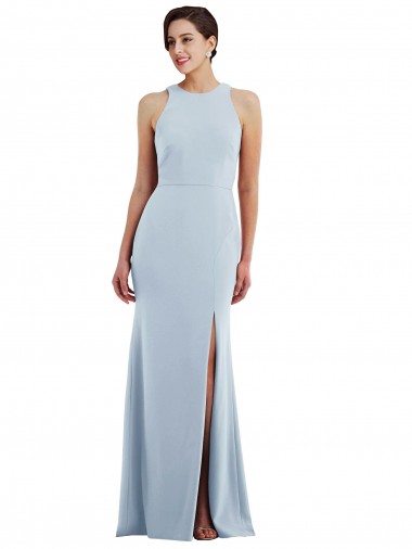 Azul cielo claro Trompeta Halter Cuello joya Crepé Elástico Largo Formales Vestidos de dama de honor / Vestidos de fiesta Fábrica