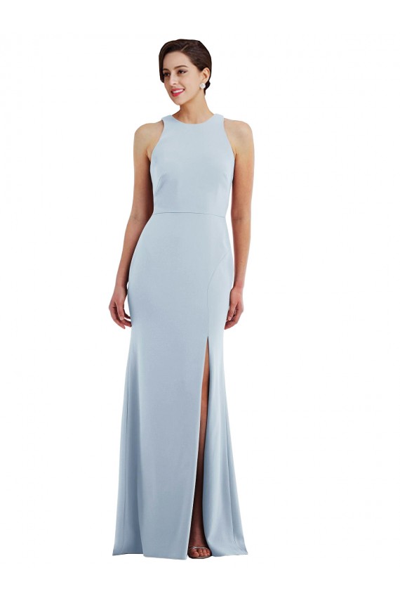 Azul cielo claro Trompeta Halter Cuello joya Crepé Elástico Largo Formales Vestidos de dama de honor / Vestidos de fiesta Fábrica