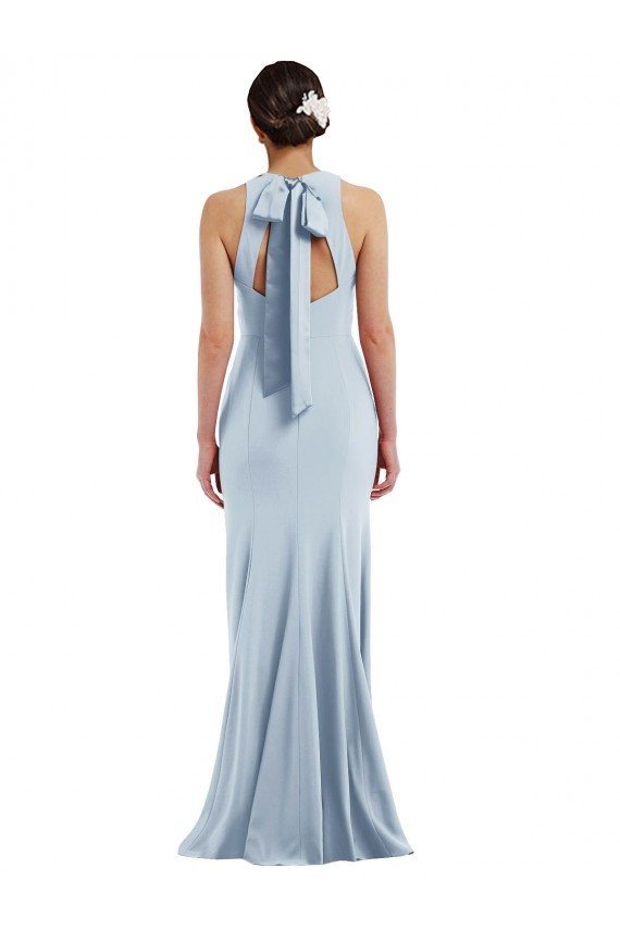 Azul cielo claro Trompeta Halter Cuello joya Crepé Elástico Largo Formales Vestidos de dama de honor / Vestidos de fiesta Fábrica