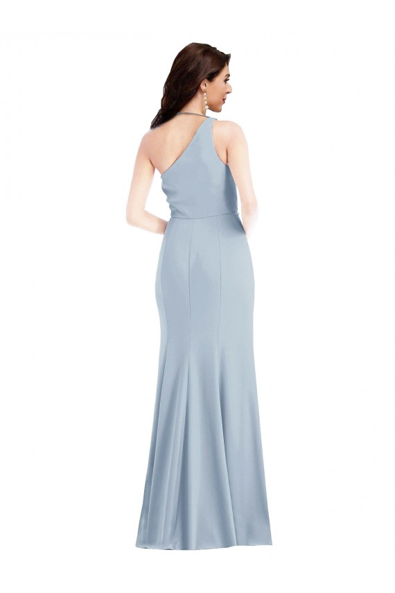 Azul cielo claro Trompeta Un Hombre Crepé Elástico Largo Vestidos de dama de honor / Vestidos de fiesta Fábrica