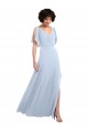 Azul cielo claro línea A Cuello en V Gasa Largo Vestidos de dama de honor Fábrica