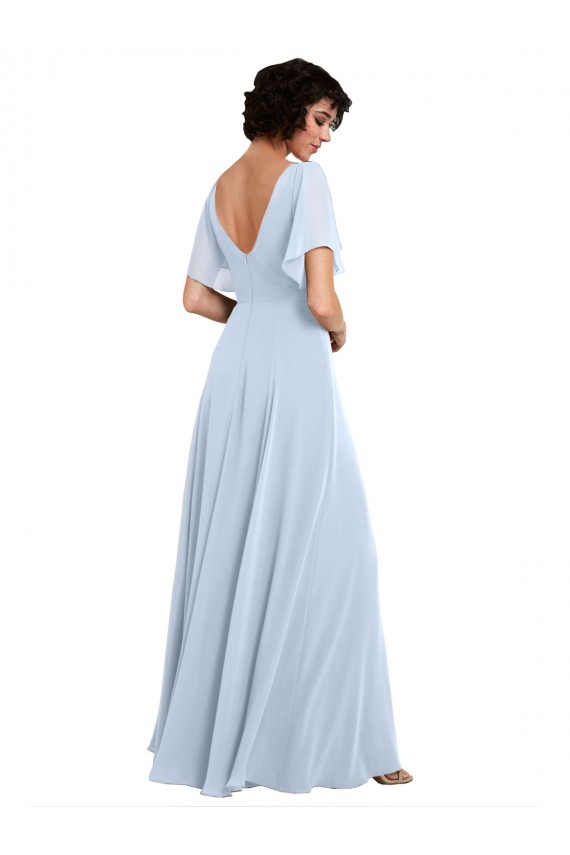 Azul cielo claro línea A Cuello en V Gasa Largo Vestidos de dama de honor Fábrica