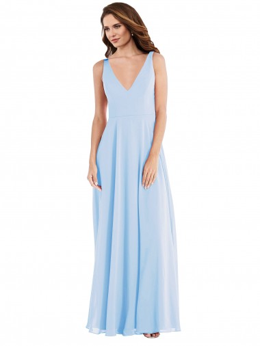 Azul cielo claro línea A Cuello en V Gasa Largo Vestidos de dama de honor Fábrica