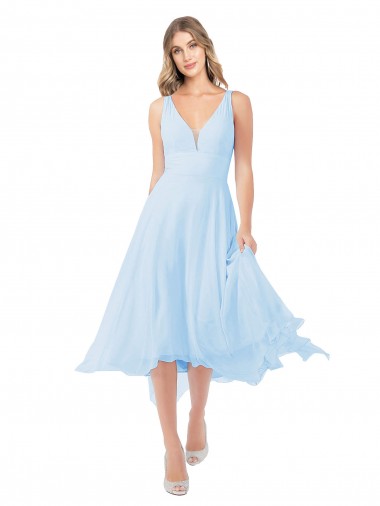 Azul cielo claro línea A Cuello en V Midi Gasa Corto Vestidos de dama de honor / Vestidos de cóctel Fábrica