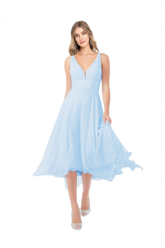 Azul cielo claro línea A Cuello en V Midi Gasa Corto Vestidos de dama de honor / Vestidos de cóctel Fábrica