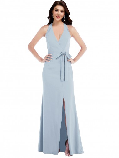 Azul cielo claro línea A Halter Cuello en V Crepé Elástico Largo Formales Vestidos de dama de honor / Vestidos de fiesta Fábrica