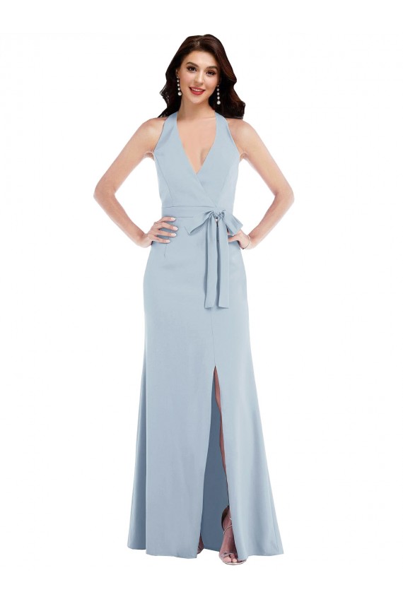 Azul cielo claro línea A Halter Cuello en V Crepé Elástico Largo Formales Vestidos de dama de honor / Vestidos de fiesta Fábrica