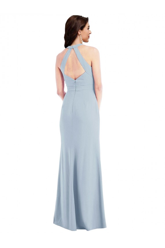 Azul cielo claro línea A Halter Cuello en V Crepé Elástico Largo Formales Vestidos de dama de honor / Vestidos de fiesta Fábrica