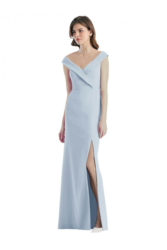 Azul cielo claro línea A Hombros Descubiertos Cuello en V Crepé Elástico Largo Vestidos de dama de honor Fábrica