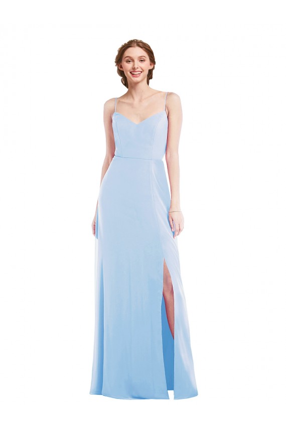 Azul cielo claro línea A Tirantes espagueti Cuello en V Gasa Largo Formales Vestidos de dama de honor / Vestidos de noche Fábrica
