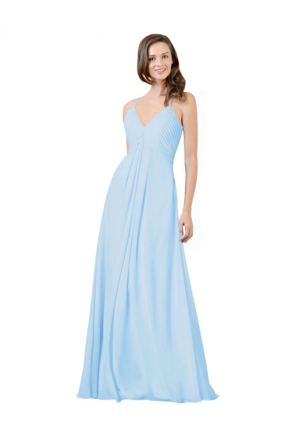 Azul cielo claro línea A Tirantes espagueti Cuello en V Gasa Largo Vestidos de dama de honor Fábrica