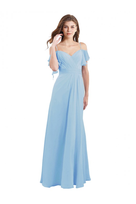Azul cielo claro línea A Tirantes espagueti Gasa Largo Vestidos de dama de honor Fábrica