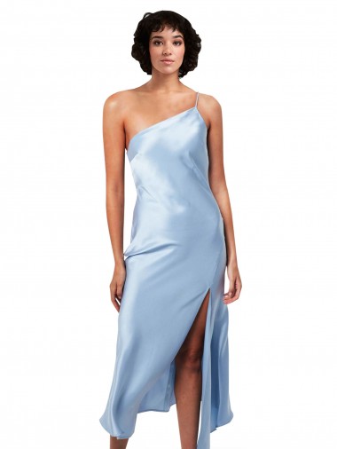 Azul cielo claro línea A Un Hombre Midi Satén sedoso Corto Formales Vestidos de dama de honor / Vestidos de fiesta / Vestidos de cóctel Fábrica
