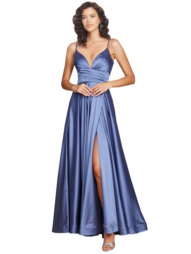 Azul francés línea A Tirantes espagueti Satén sedoso Largo Formales Vestidos de dama de honor / Vestidos de fiesta Fábrica