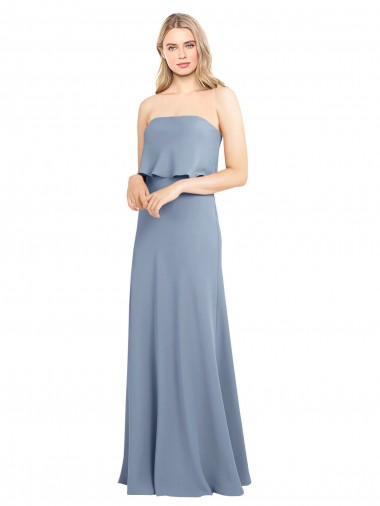 Azul humo Cubierta Cuello Alto Crepé Elástico Largo Formales Vestidos de dama de honor / Vestidos de fiesta Fábrica