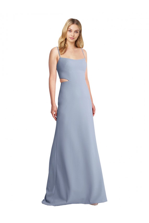 Azul humo línea A Tirantes espagueti Cucharón Crepé Elástico Largo Vestidos de dama de honor / Vestidos de fiesta Fábrica