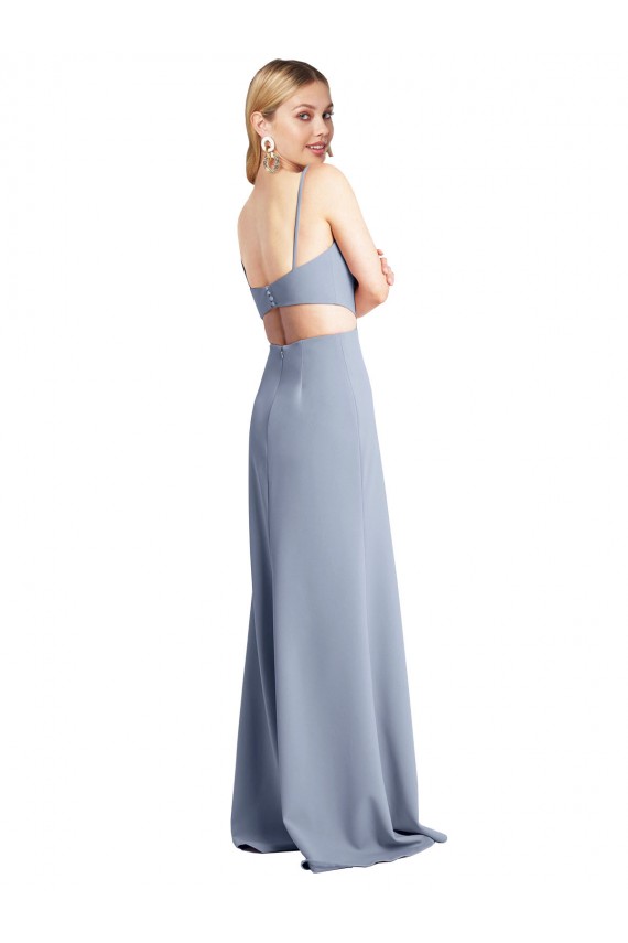 Azul humo línea A Tirantes espagueti Cucharón Crepé Elástico Largo Vestidos de dama de honor / Vestidos de fiesta Fábrica