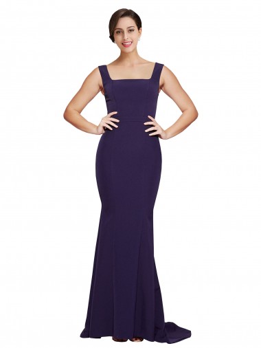 Azul marina oscuro Cubierta Cuadrado Barrer tren Crepé Elástico Largo Vestidos de dama de honor / Vestidos de fiesta Fábrica