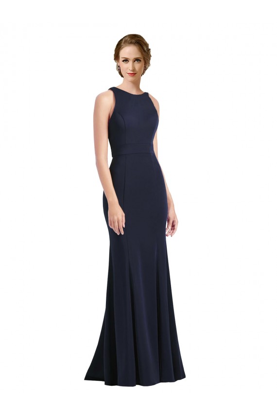 Azul marina oscuro Cubierta Cucharón Cuello Alto Crepé Elástico Largo Vestidos de dama de honor / Vestidos de fiesta Fábrica