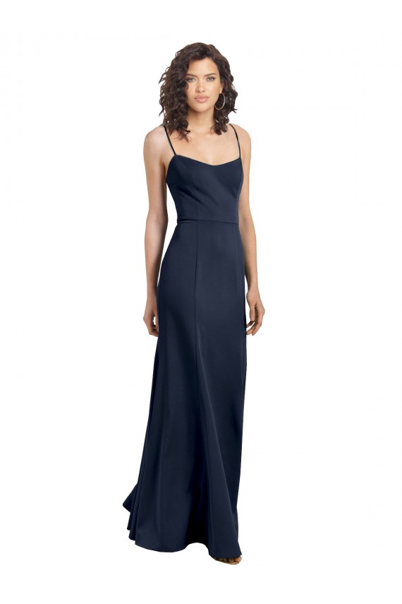Azul marina oscuro Cubierta Cuello Alto Tirantes espagueti Crepé Elástico Largo Formales Vestidos de dama de honor / Vestidos de fiesta Fábrica