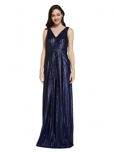 Azul marina oscuro Cubierta Cuello en V Lentejuela Largo Formales Vestidos de dama de honor / Vestidos de fiesta Fábrica
