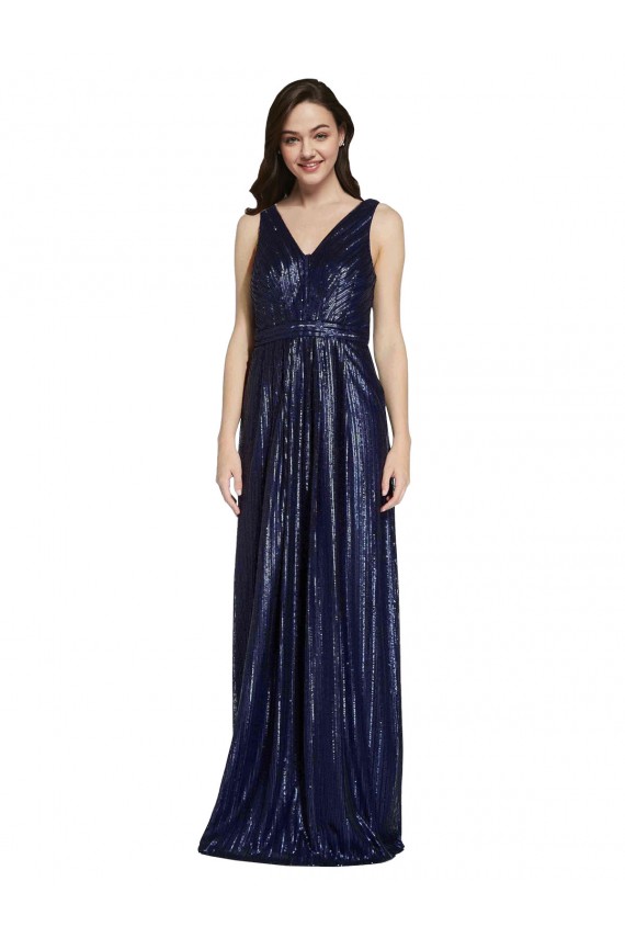 Azul marina oscuro Cubierta Cuello en V Lentejuela Largo Formales Vestidos de dama de honor / Vestidos de fiesta Fábrica