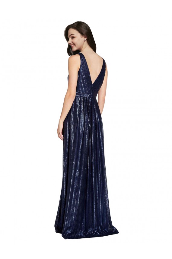 Azul marina oscuro Cubierta Cuello en V Lentejuela Largo Formales Vestidos de dama de honor / Vestidos de fiesta Fábrica
